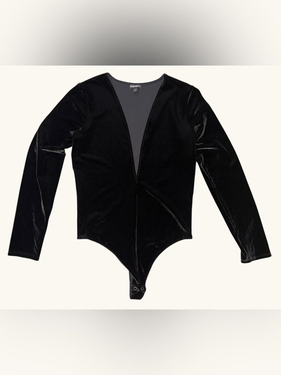 Express Tops - EXPRESS Black Velvet Deep V Long-Sleeve Double Snap Bodysuit, M